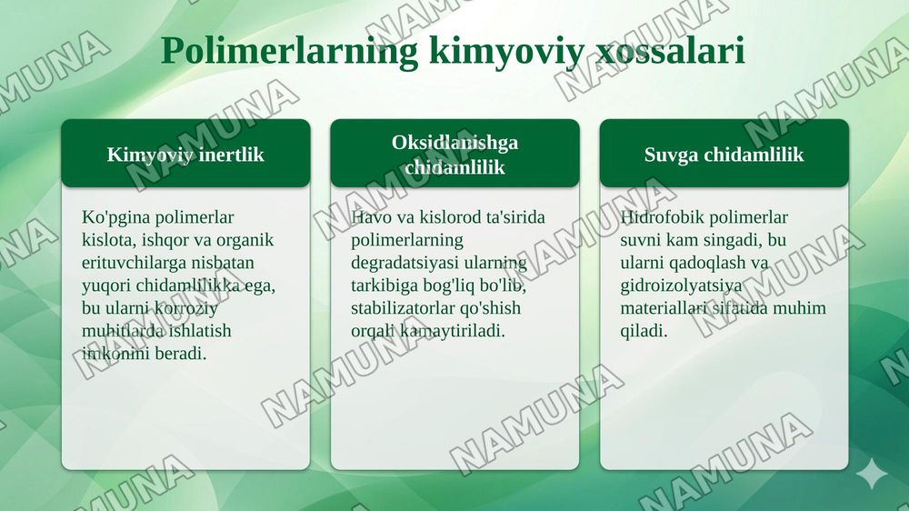 Polimer materiallarning fizik va kimyoviy xossalari. — taqdimot, 5-slayd
