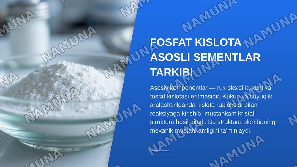 Sement asosli plomba ashyolar. Fosfat kislota asosli sementlar. Tarkibi, xususiyatlari — zamonaviy taqdimot, 5-slayd