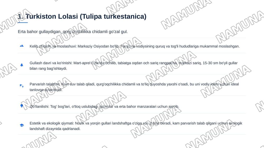 Landshaft o'simliklari: loyihalash qo'llanmasi. Farg'ona vodiysi uchun 15 ta kam tanilgan gul, buta va daraxt. — zamonaviy taqdimot, 7-slayd