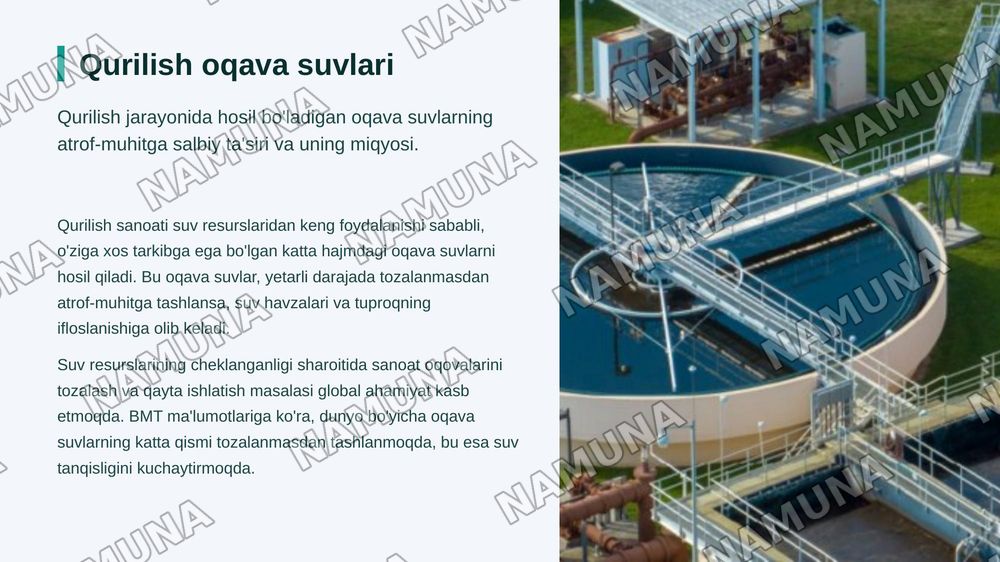 Qurilish sohasida hosil bo'lgan oqava suvlarni tozalashning zamonaviy texnologiyalarini ishlab chiqish. — zamonaviy taqdimot, 3-slayd