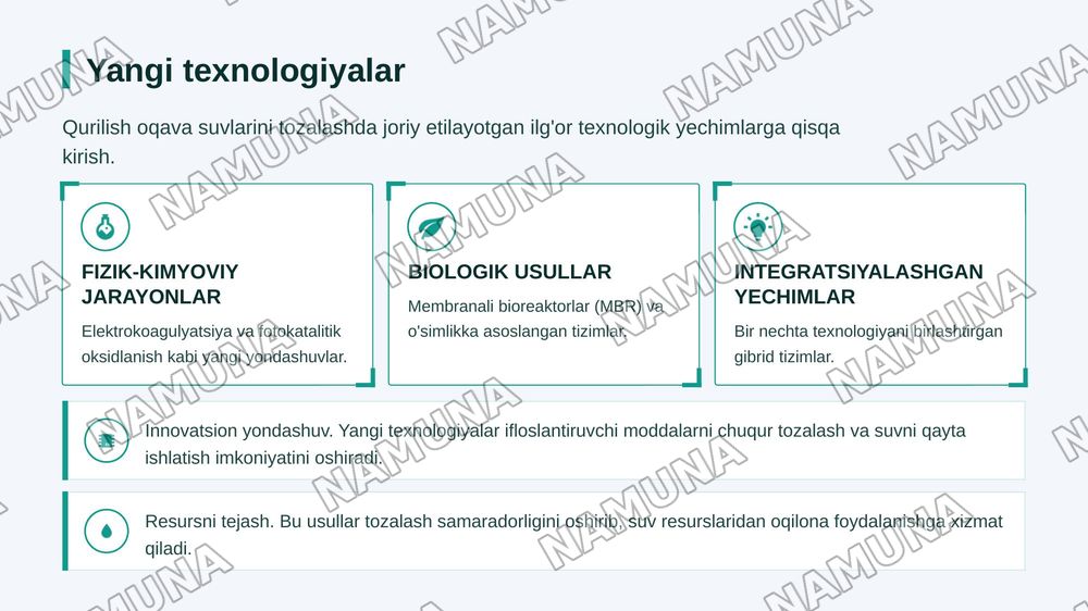 Qurilish sohasida hosil bo'lgan oqava suvlarni tozalashning zamonaviy texnologiyalarini ishlab chiqish. — zamonaviy taqdimot, 6-slayd