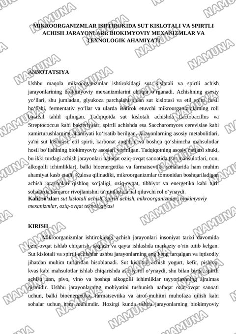 Mikroorganizmlar ishtirokida sut kislotali va spirtli achish jarayonlari — maqola