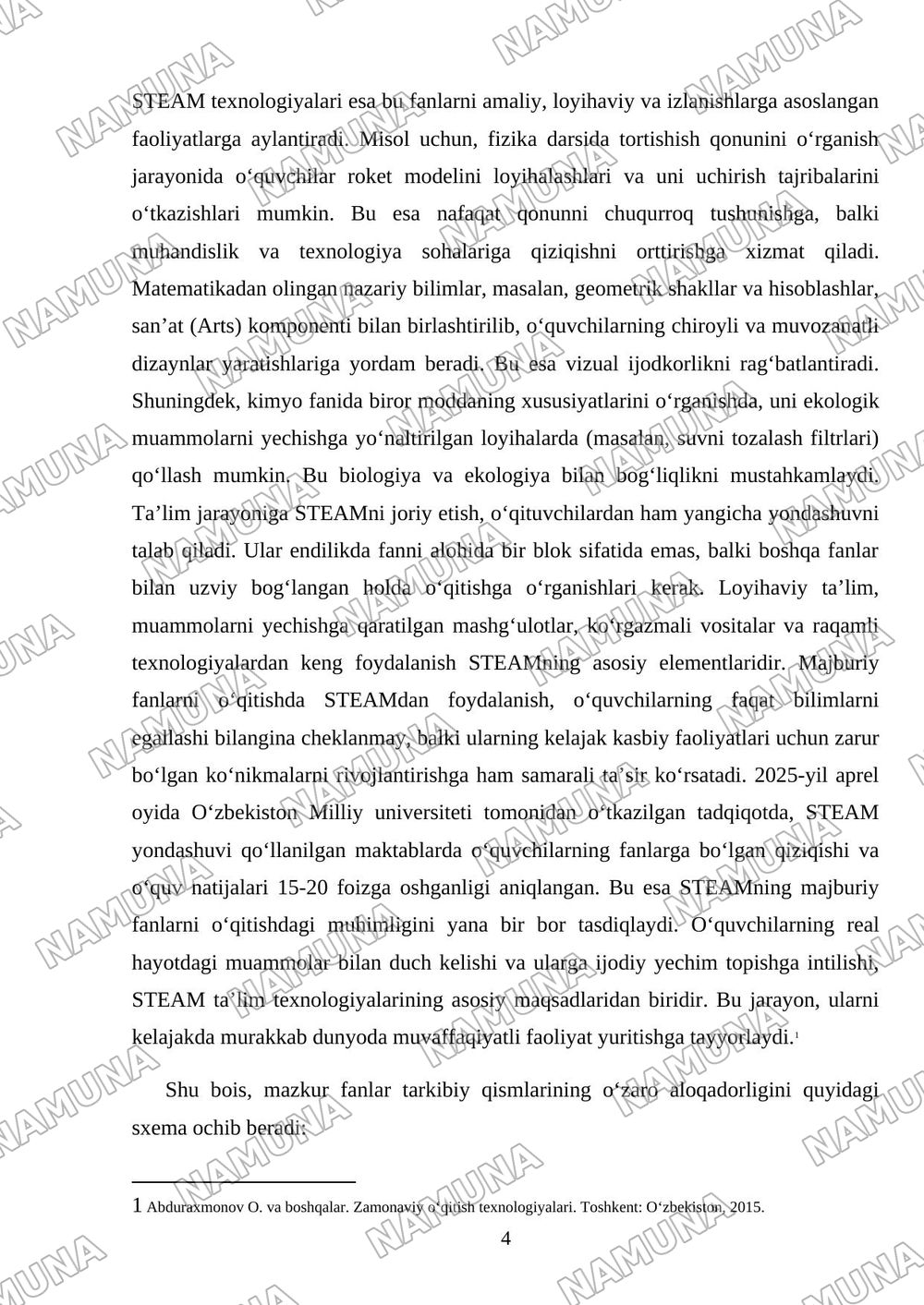 S6. Majburiy fanlarni o‘qitishda STEAM va SMART ta’lim texnologiyalaridan foydalanish metodikasi. — mustaqil ish, 4-varaq