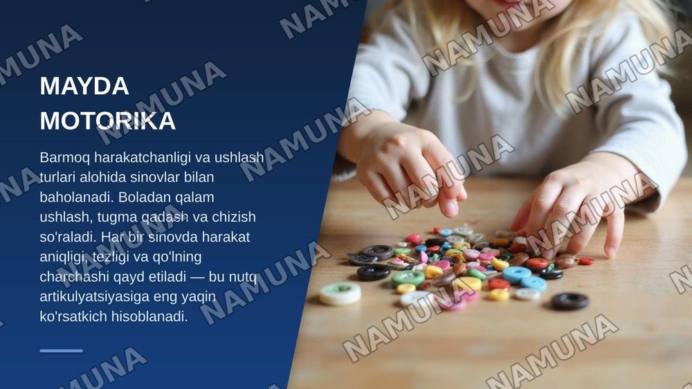 Turli nutq buzulishlarida umumiy, mayda motorikani tekshirish metodikalari — zamonaviy taqdimot, 6-slayd