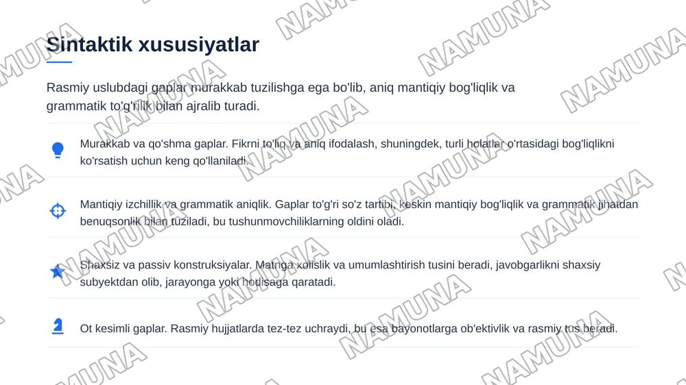 Rasmiy idoraviy uslub va hujjatlar tilining xususiyatlari — zamonaviy taqdimot, 6-slayd
