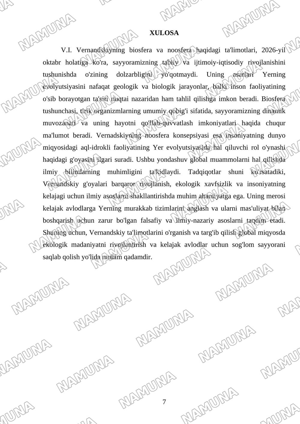Biosfera va noosfera haqidsagi V.I.Vernandskiyning o'rganishlari — mustaqil ish, 7-varaq