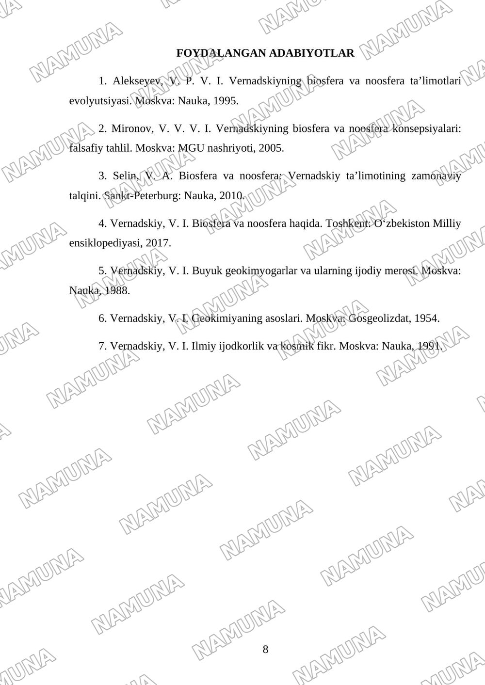 Biosfera va noosfera haqidsagi V.I.Vernandskiyning o'rganishlari — mustaqil ish, 8-varaq
