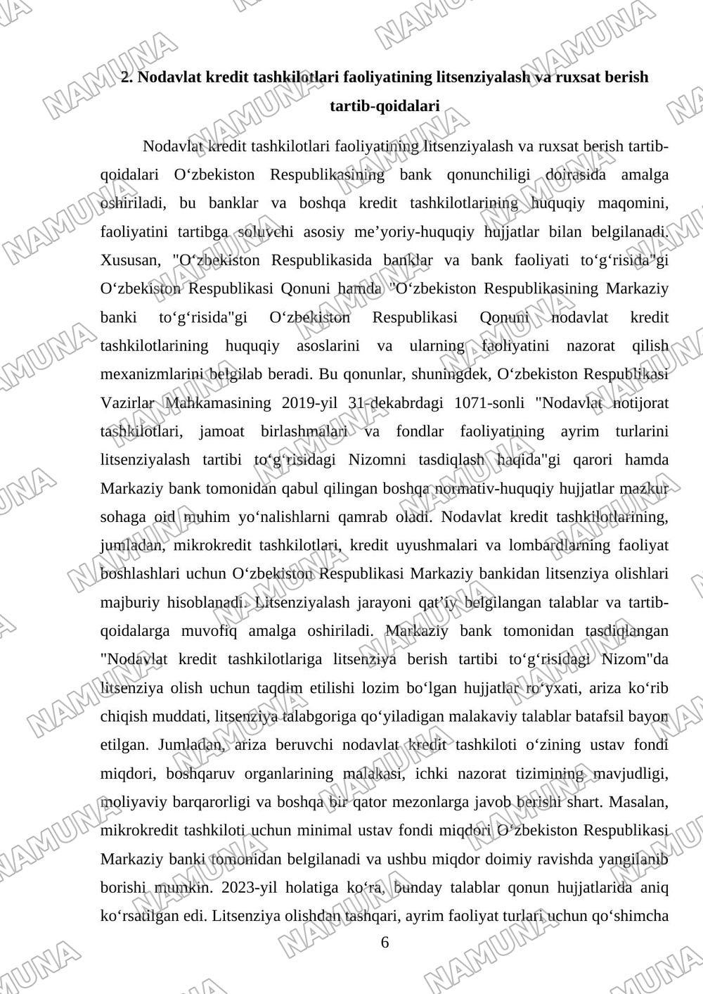 Nobank kredit tashkilotlari faoliyatini tartibga soluvchi qonun hujjatlari qaysilar? — mustaqil ish, 6-varaq