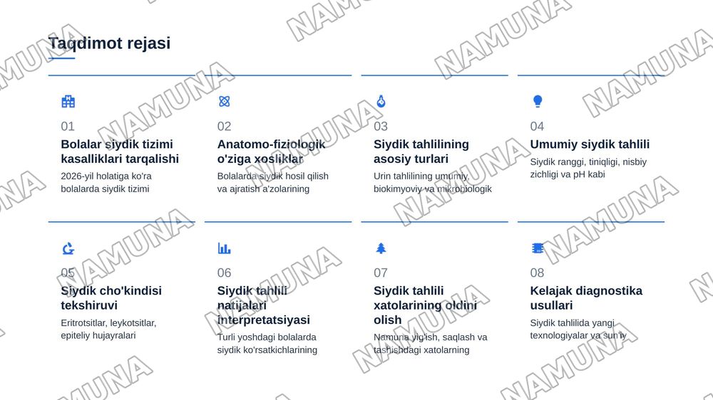 Bolalarda siydik hosil qilish va ajratish
a'zolarini anatomo-fiziologik hususiyatlariga kora tekshirish usullari. Siydik tahlillari
interpretasiyasi — zamonaviy taqdimot, 2-slayd