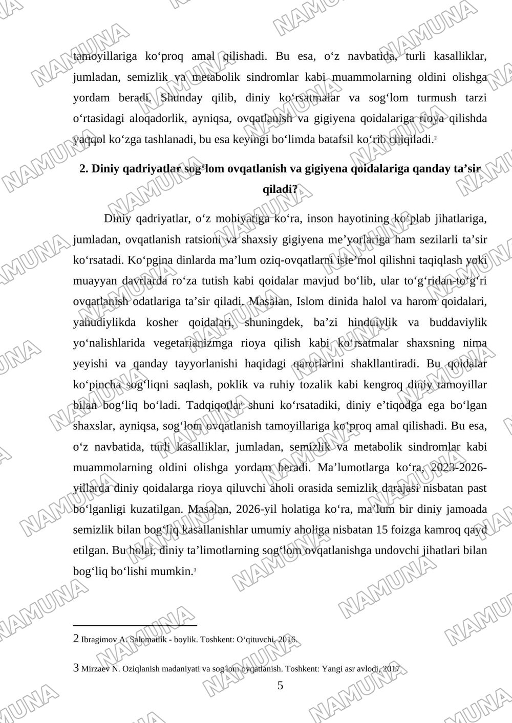 Din va sog'lom turmush tarzi — mustaqil ish, 5-varaq