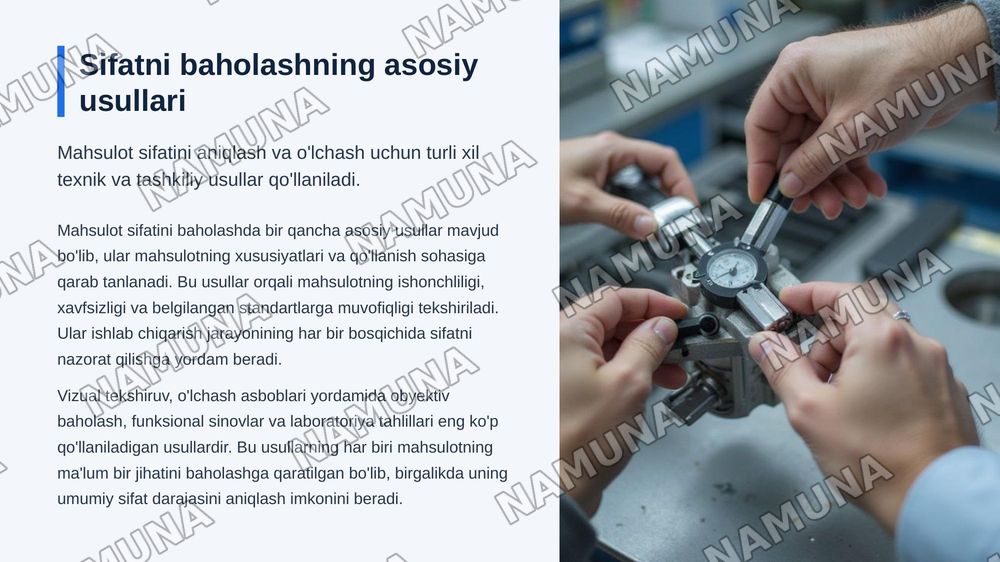 Maxsulot sifati. 
Baxolash usullari, sertifikatlash va sifatni boshqarish tizimi. — zamonaviy taqdimot, 5-slayd