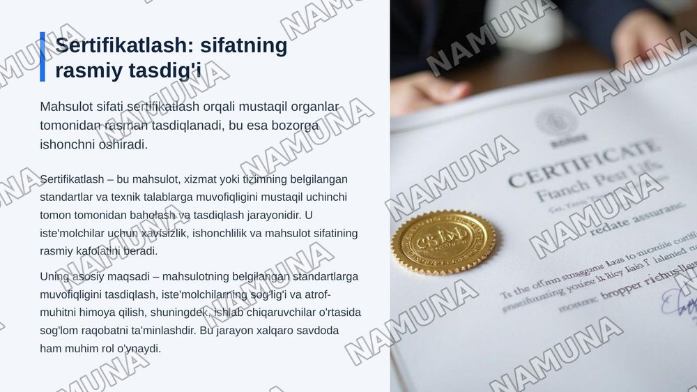 Maxsulot sifati. 
Baxolash usullari, sertifikatlash va sifatni boshqarish tizimi. — zamonaviy taqdimot, 7-slayd