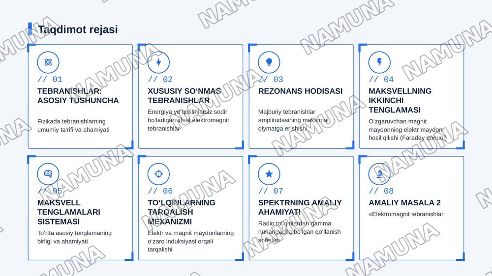 Elektromagnit tebranishlar. Xususiy so‘nmas elektromagnit tebranishlar. Xususiy so‘nuvchi elektromagnit tebranishlar. Majburiy elektromagnit tebranishlar. Maksvell tenglamalari. Maksvellning birinchi va ikkinchi tenglamalari. Elektromagnit maydon. Maksvell tenglamalari sistemasi. Elektromagnit to‘lq — zamonaviy taqdimot, 2-slayd