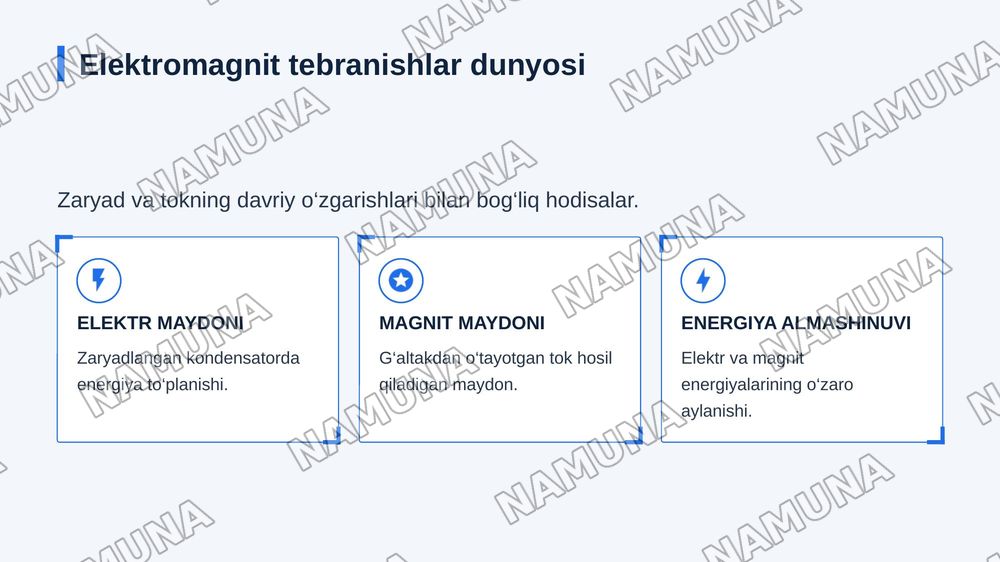 Elektromagnit tebranishlar. Xususiy so‘nmas elektromagnit tebranishlar. Xususiy so‘nuvchi elektromagnit tebranishlar. Majburiy elektromagnit tebranishlar. Maksvell tenglamalari. Maksvellning birinchi va ikkinchi tenglamalari. Elektromagnit maydon. Maksvell tenglamalari sistemasi. Elektromagnit to‘lq — zamonaviy taqdimot, 4-slayd