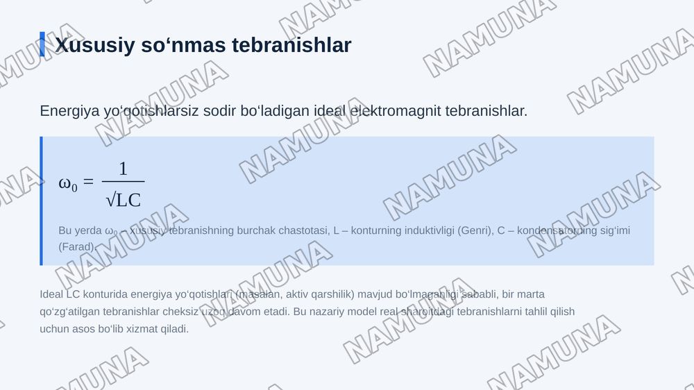 Elektromagnit tebranishlar. Xususiy so‘nmas elektromagnit tebranishlar. Xususiy so‘nuvchi elektromagnit tebranishlar. Majburiy elektromagnit tebranishlar. Maksvell tenglamalari. Maksvellning birinchi va ikkinchi tenglamalari. Elektromagnit maydon. Maksvell tenglamalari sistemasi. Elektromagnit to‘lq — zamonaviy taqdimot, 6-slayd