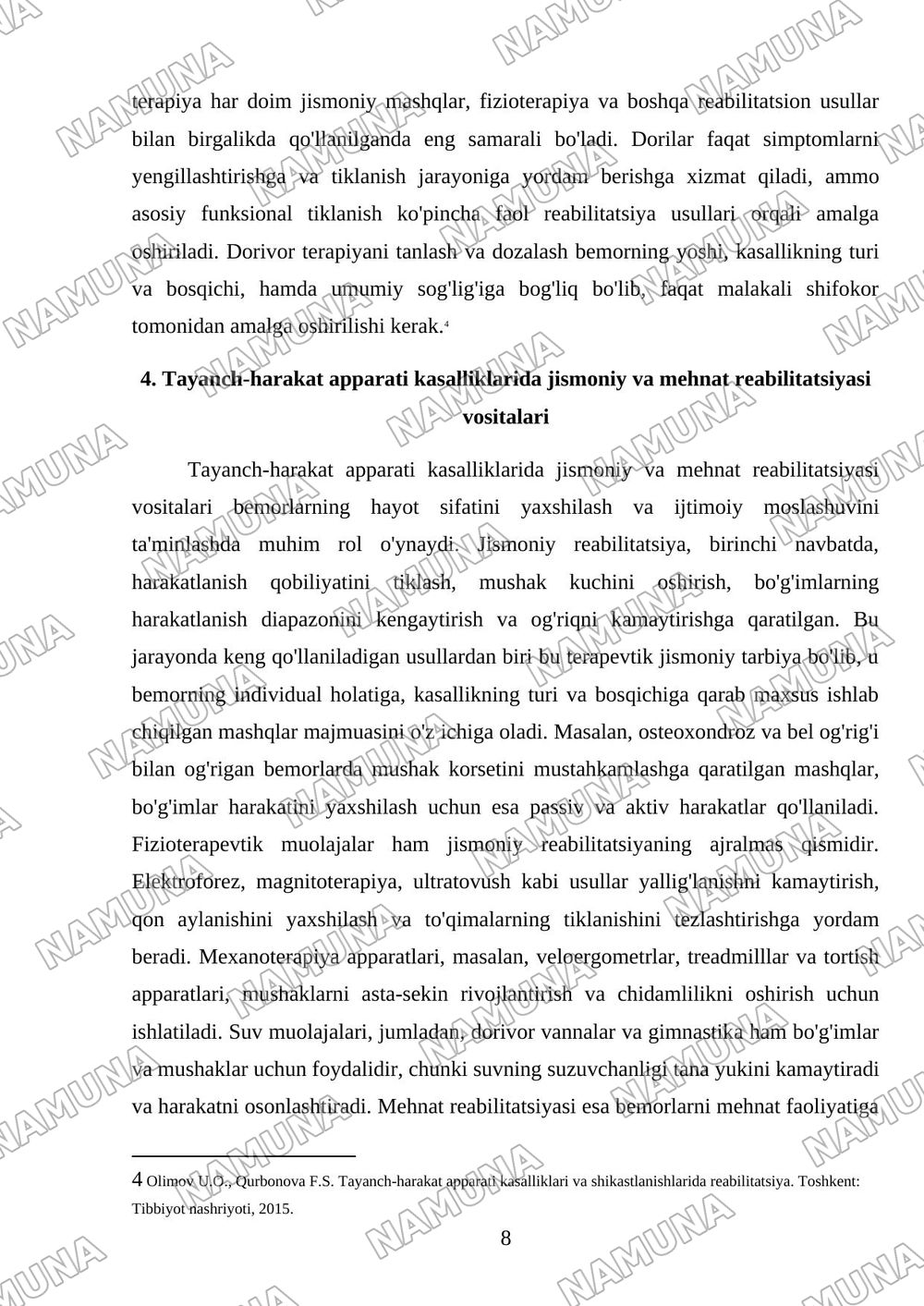 Tayanch-harakat apparati kasalliklarida reabilitatsiya usullari. — referat, 8-varaq