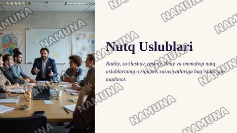 Badiiy soʻzlashuv rasmiy ilmiy ommabop nutq uslublarini tavsiflash — zamonaviy taqdimot