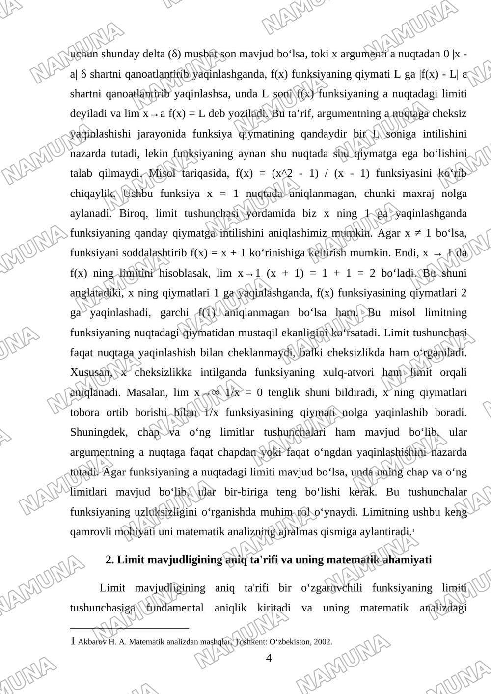 Bir oʻzgaruvchili funktsiyaning limiti — mustaqil ish, 4-varaq