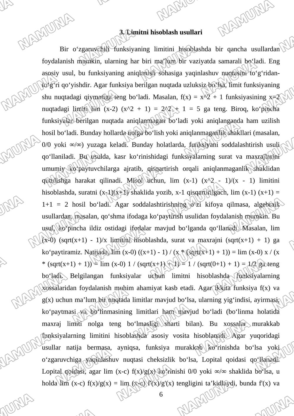 Bir oʻzgaruvchili funktsiyaning limiti — mustaqil ish, 6-varaq