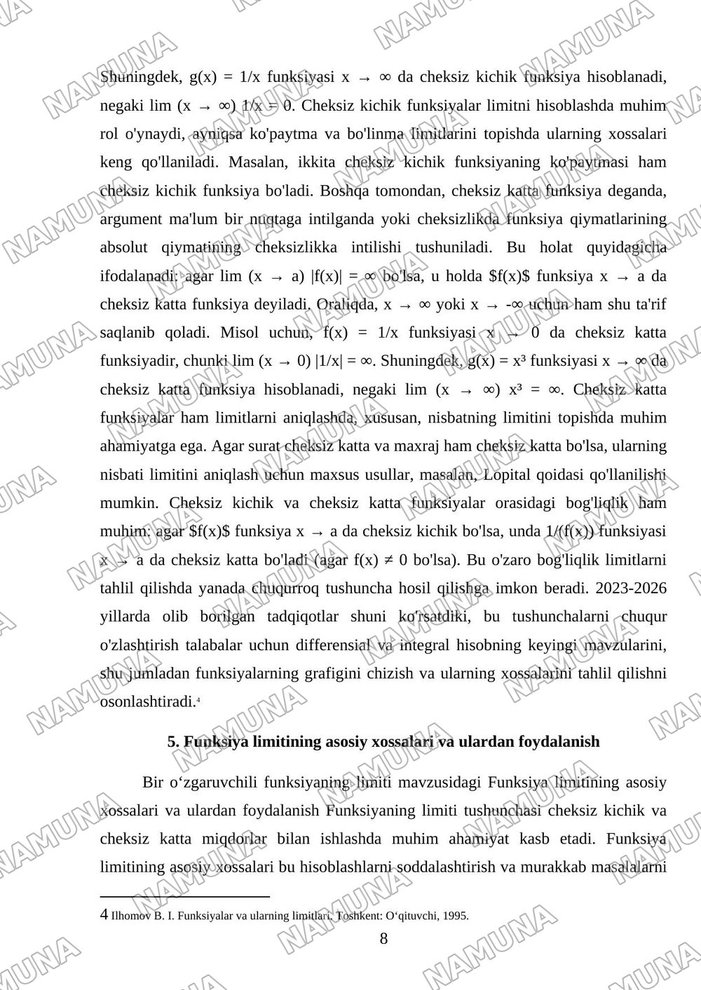 Bir oʻzgaruvchili funktsiyaning limiti — mustaqil ish, 8-varaq