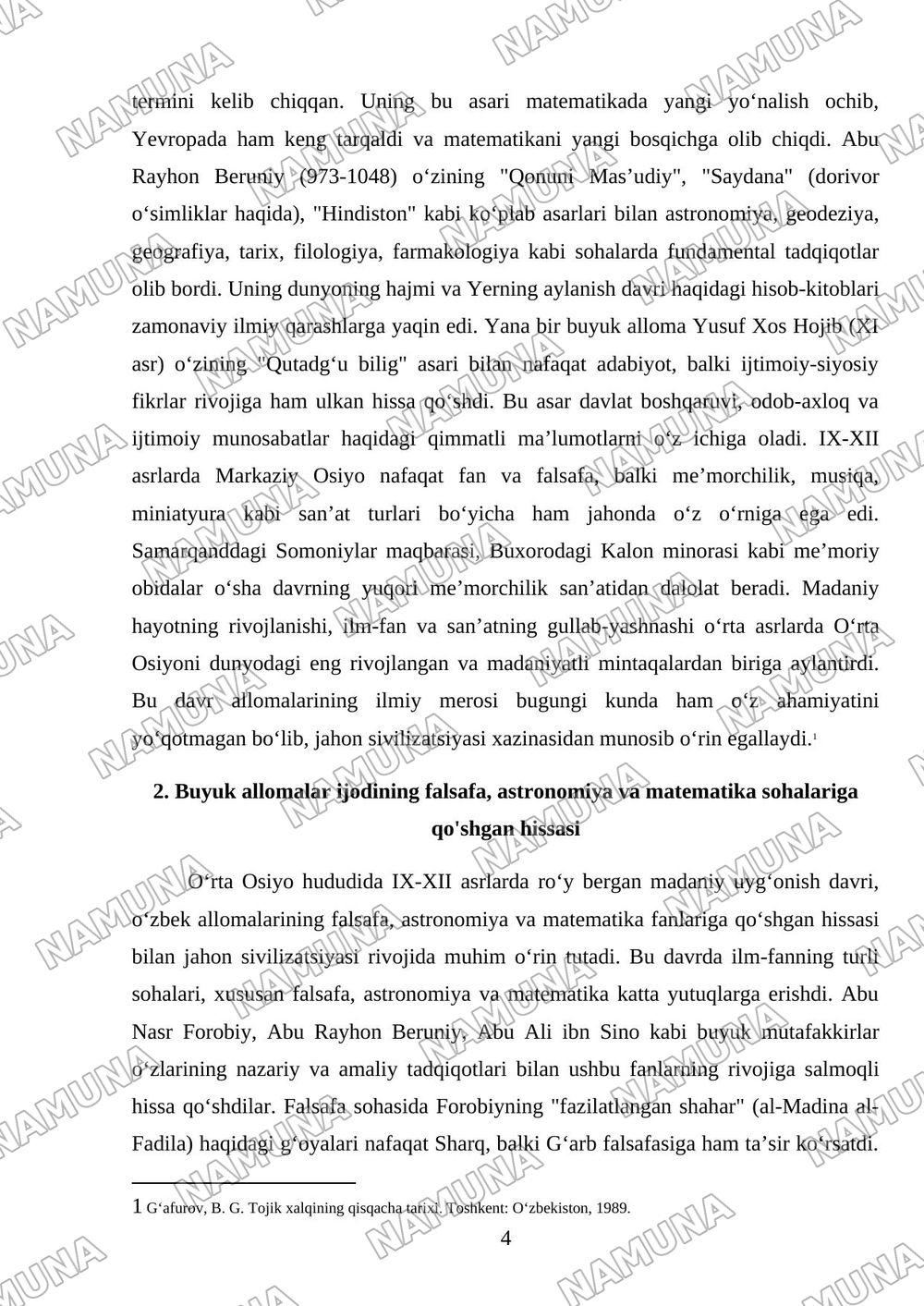 IX-XII Asrlarda mamlakatimiz hududida roʻy bergan madaniy uygʻonish ( Renessans ) Buyuk allomalarning jahon sivilizatsiyasiga qoʻshgan hissasi — mustaqil ish, 4-varaq