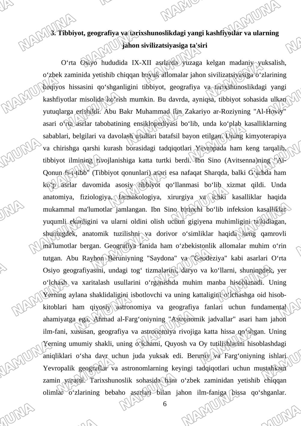 IX-XII Asrlarda mamlakatimiz hududida roʻy bergan madaniy uygʻonish ( Renessans ) Buyuk allomalarning jahon sivilizatsiyasiga qoʻshgan hissasi — mustaqil ish, 6-varaq