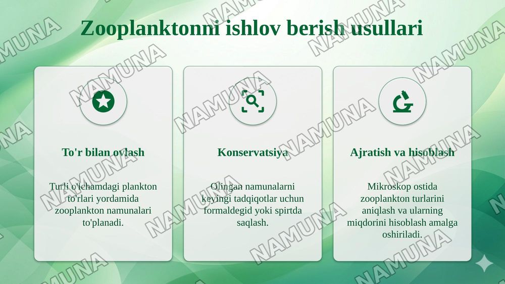 FITOPLANKTON VA ZOOPLANKTON ORGANIZMLARIGA ISHLOV BERISH USULLARI. PERIFITON ORGANIZMLARINI ANIQLASH — taqdimot, 6-slayd