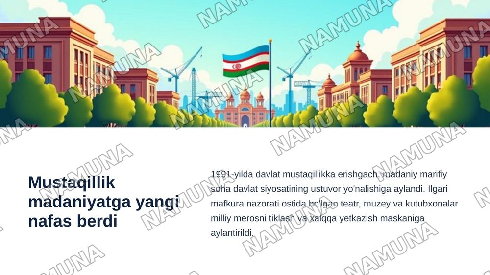 Mustaqillik yillarida madaniy marifiy sohadagi oʻzgarishlar.Manaviy yangilanish jarayonlari — zamonaviy taqdimot, 3-slayd