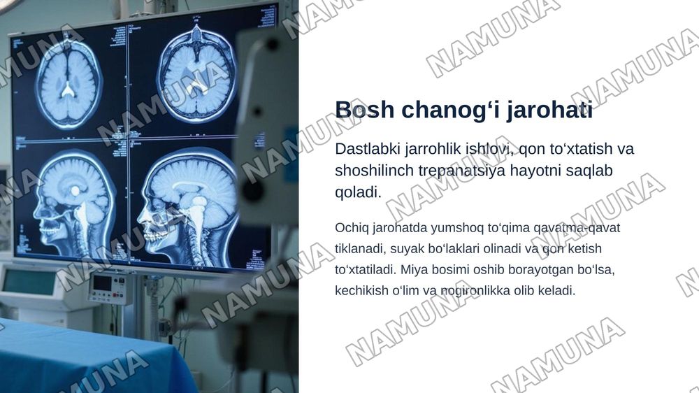 Bosh. Bosh miya qismining jarrohlik anatomiyasi: gumbaz (peshona–tepa–ensa, chakka va so‘rg‘ichsimon soxalar) va bosh chanog‘i asosi (oldingi, o‘rta va orqa chuqurchalar). Boshning miya qismidagi operatsiyalar: bosh chanog‘i jarohatlariga dastlabki jarrohlik ishlovini berish, qon to‘xtatish, trepana — zamonaviy taqdimot, 3-slayd