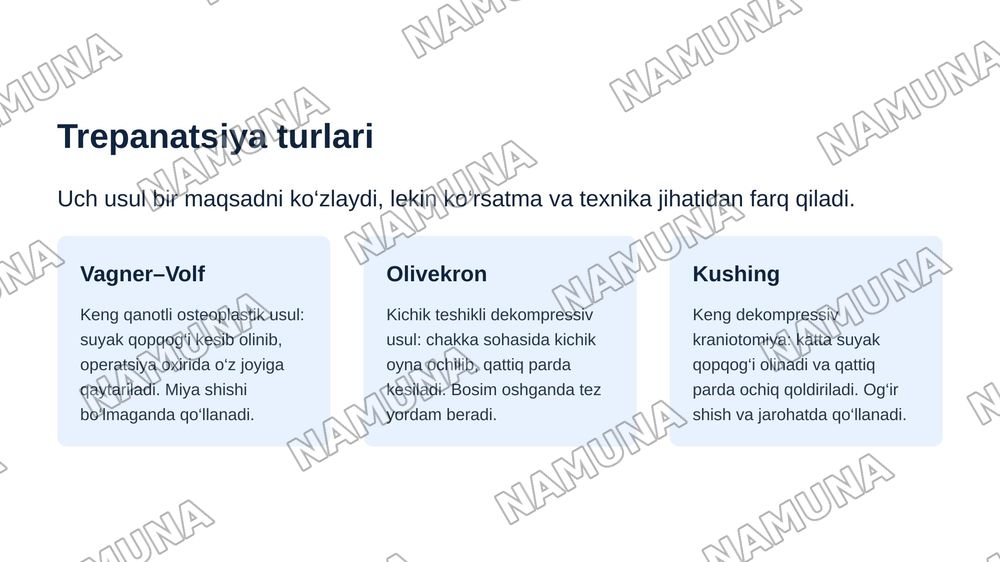 Bosh. Bosh miya qismining jarrohlik anatomiyasi: gumbaz (peshona–tepa–ensa, chakka va so‘rg‘ichsimon soxalar) va bosh chanog‘i asosi (oldingi, o‘rta va orqa chuqurchalar). Boshning miya qismidagi operatsiyalar: bosh chanog‘i jarohatlariga dastlabki jarrohlik ishlovini berish, qon to‘xtatish, trepana — zamonaviy taqdimot, 5-slayd
