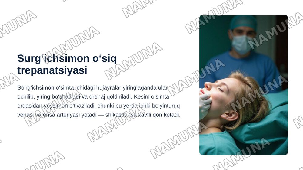 Bosh. Bosh miya qismining jarrohlik anatomiyasi: gumbaz (peshona–tepa–ensa, chakka va so‘rg‘ichsimon soxalar) va bosh chanog‘i asosi (oldingi, o‘rta va orqa chuqurchalar). Boshning miya qismidagi operatsiyalar: bosh chanog‘i jarohatlariga dastlabki jarrohlik ishlovini berish, qon to‘xtatish, trepana — zamonaviy taqdimot, 7-slayd