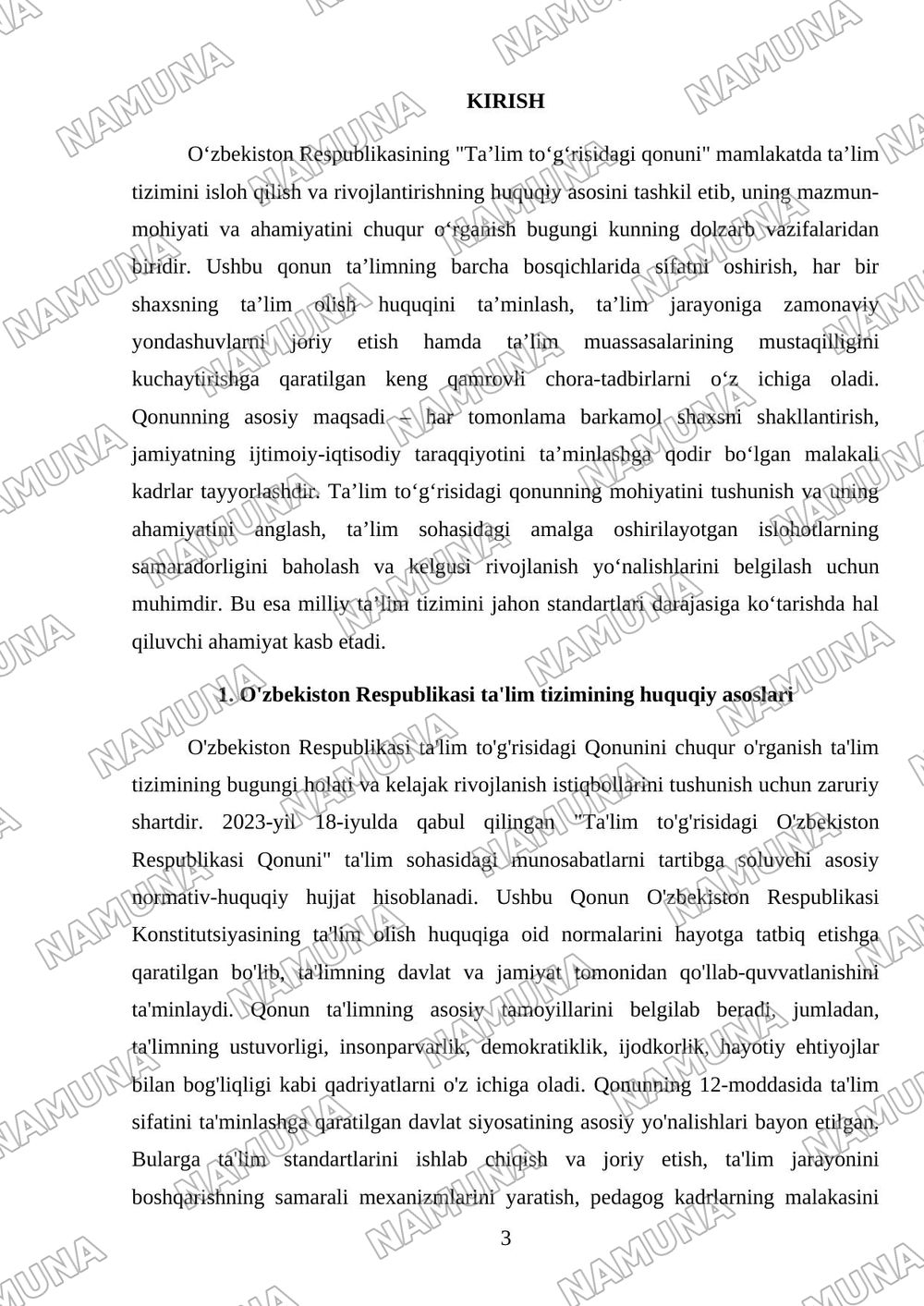 Ta'lim to'g'risidagi qonunni o'rganish — mustaqil ish, 3-varaq
