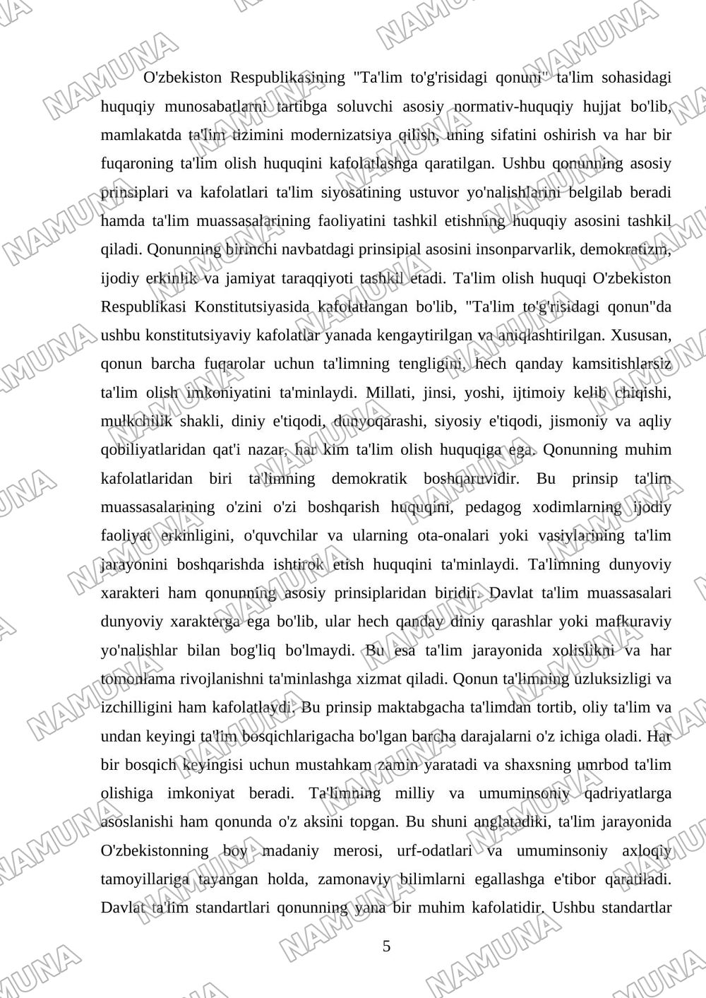 Ta'lim to'g'risidagi qonunni o'rganish — mustaqil ish, 5-varaq