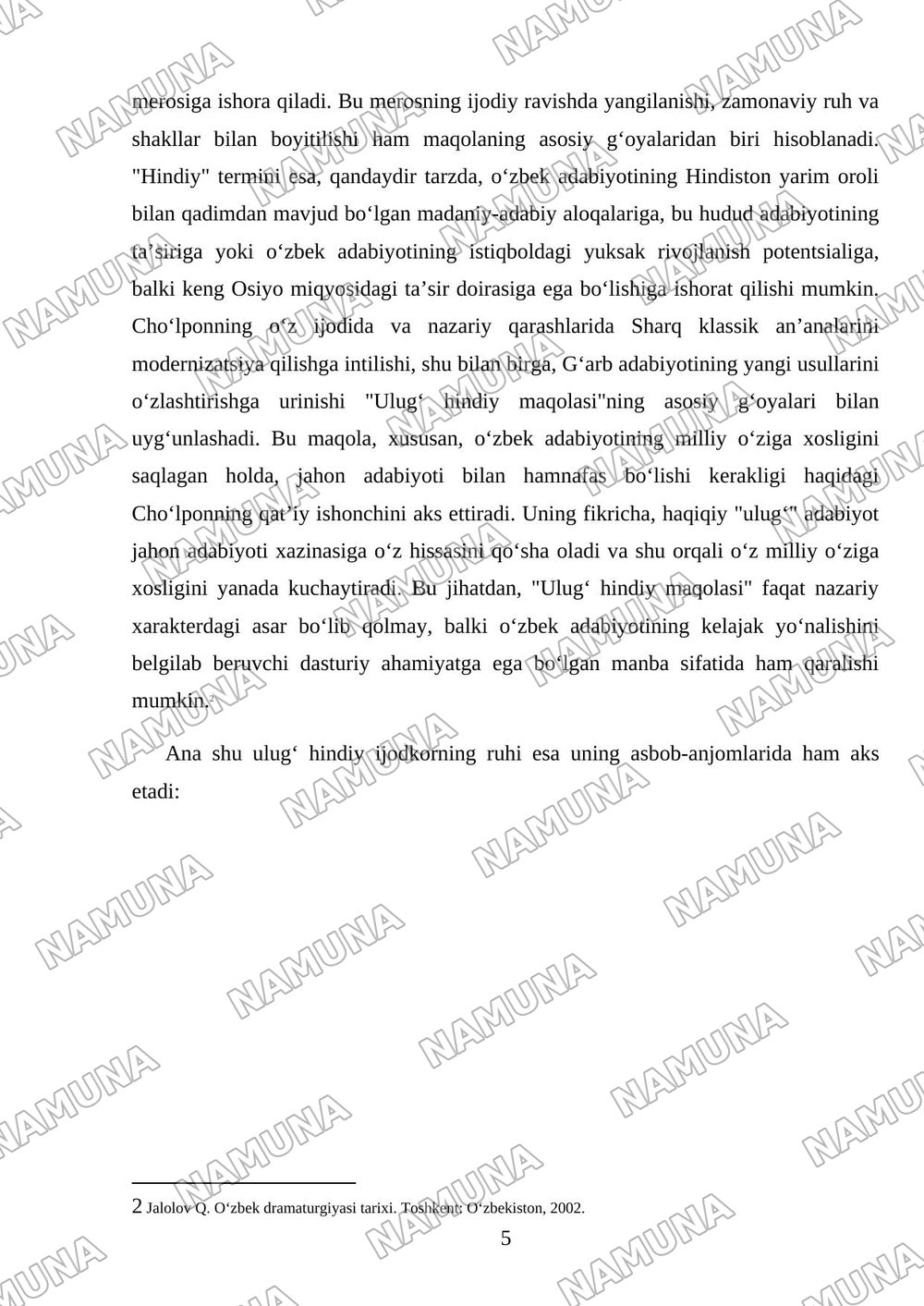 Choʻlponing adabiyot nadur ulugʻ hindiy maqolasi bilan tanishish va shu savolga shaxsiy mulohaza tayyorlash — mustaqil ish, 5-varaq