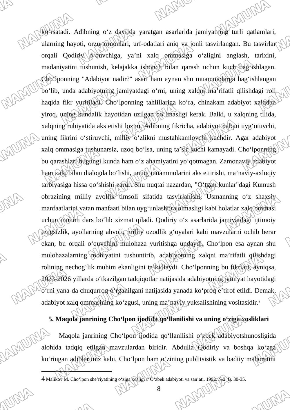 Choʻlponing adabiyot nadur ulugʻ hindiy maqolasi bilan tanishish va shu savolga shaxsiy mulohaza tayyorlash — mustaqil ish, 8-varaq