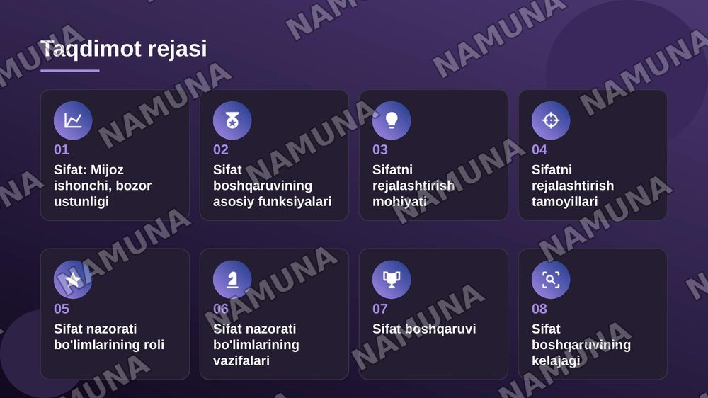 Maxsulot sifatini boshqarishning asosiy funksiyalari.
Sifatni boshqarish fazasi.
Maxsulot sifatini rejalashtirish mohiyati va tamoyillari.
Mahsulot sifatini shartnoma va kontraktlarda rejalashtirish. Korxonada sifat nazorati bo'limlarining roli va vazifalari — zamonaviy taqdimot, 2-slayd