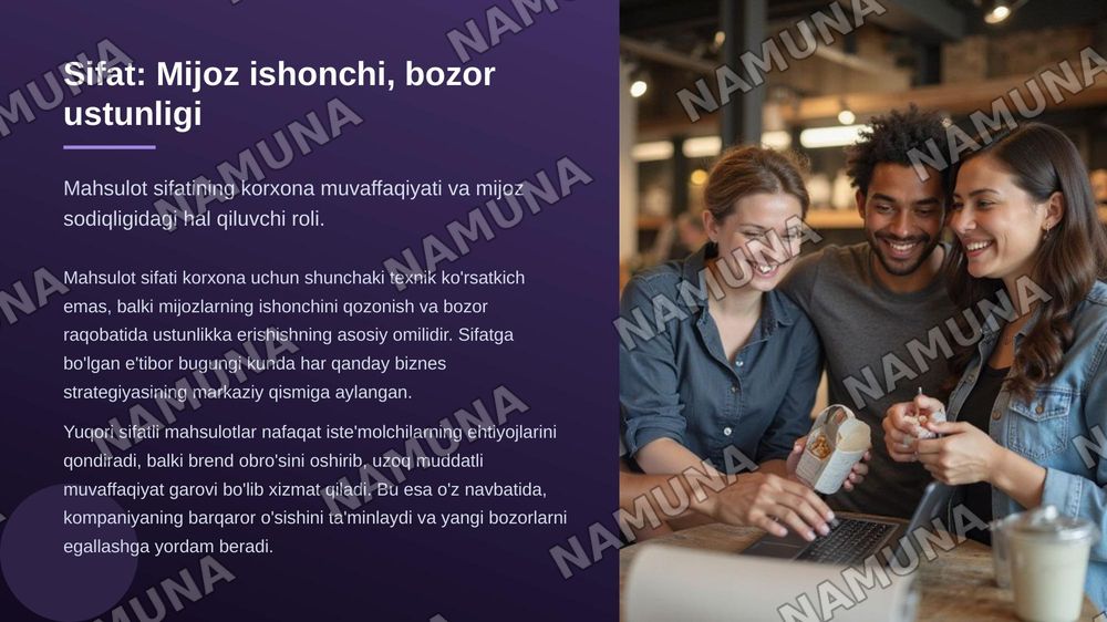 Maxsulot sifatini boshqarishning asosiy funksiyalari.
Sifatni boshqarish fazasi.
Maxsulot sifatini rejalashtirish mohiyati va tamoyillari.
Mahsulot sifatini shartnoma va kontraktlarda rejalashtirish. Korxonada sifat nazorati bo'limlarining roli va vazifalari — zamonaviy taqdimot, 3-slayd