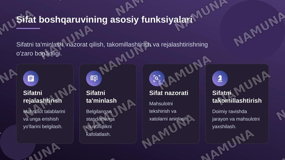 Maxsulot sifatini boshqarishning asosiy funksiyalari.
Sifatni boshqarish fazasi.
Maxsulot sifatini rejalashtirish mohiyati va tamoyillari.
Mahsulot sifatini shartnoma va kontraktlarda rejalashtirish. Korxonada sifat nazorati bo'limlarining roli va vazifalari — zamonaviy taqdimot, 4-slayd