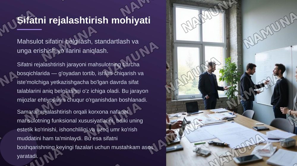 Maxsulot sifatini boshqarishning asosiy funksiyalari.
Sifatni boshqarish fazasi.
Maxsulot sifatini rejalashtirish mohiyati va tamoyillari.
Mahsulot sifatini shartnoma va kontraktlarda rejalashtirish. Korxonada sifat nazorati bo'limlarining roli va vazifalari — zamonaviy taqdimot, 6-slayd