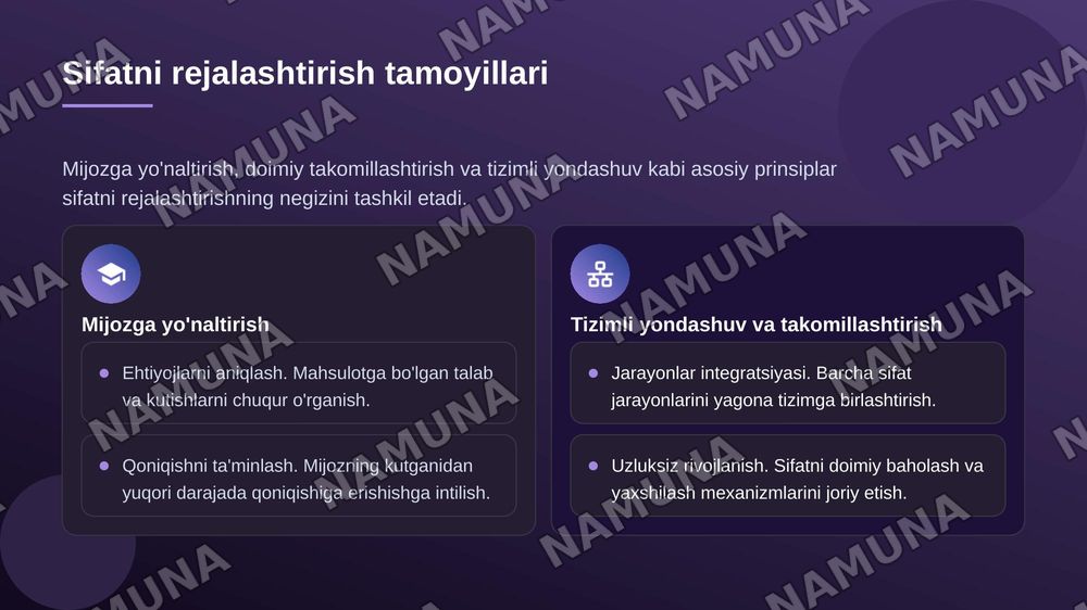 Maxsulot sifatini boshqarishning asosiy funksiyalari.
Sifatni boshqarish fazasi.
Maxsulot sifatini rejalashtirish mohiyati va tamoyillari.
Mahsulot sifatini shartnoma va kontraktlarda rejalashtirish. Korxonada sifat nazorati bo'limlarining roli va vazifalari — zamonaviy taqdimot, 7-slayd