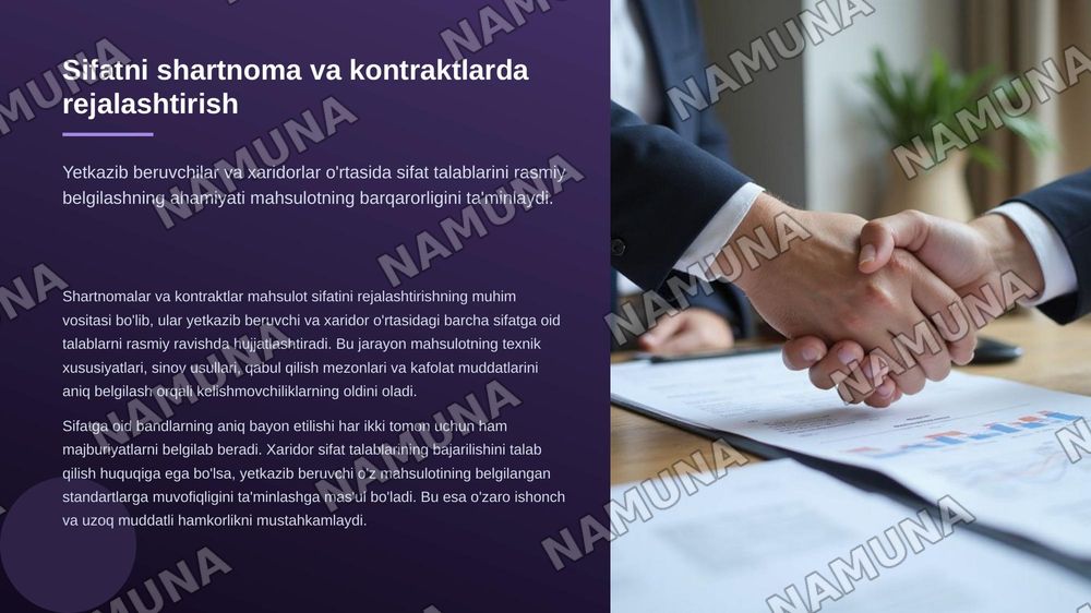 Maxsulot sifatini boshqarishning asosiy funksiyalari.
Sifatni boshqarish fazasi.
Maxsulot sifatini rejalashtirish mohiyati va tamoyillari.
Mahsulot sifatini shartnoma va kontraktlarda rejalashtirish. Korxonada sifat nazorati bo'limlarining roli va vazifalari — zamonaviy taqdimot, 8-slayd