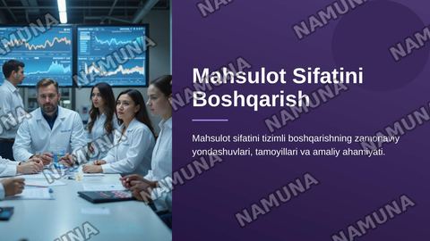 Maxsulot sifatini boshqarishning asosiy funksiyalari.
Sifatni boshqarish fazasi.
Maxsulot sifatini rejalashtirish mohiyati va tamoyillari.
Mahsulot sifatini shartnoma va kontraktlarda rejalashtirish. Korxonada sifat nazorati bo'limlarining roli va vazifalari — zamonaviy taqdimot