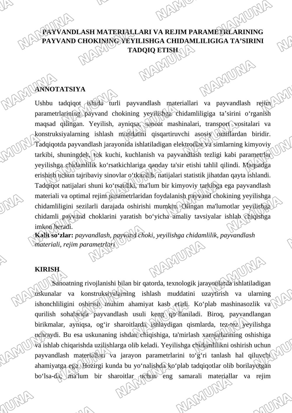 Payvandlash materiallari va rejim parametrlarining payvand chokining yeyilishga chidamliligiga ta’sirini tadqiq etish — maqola, 1-varaq