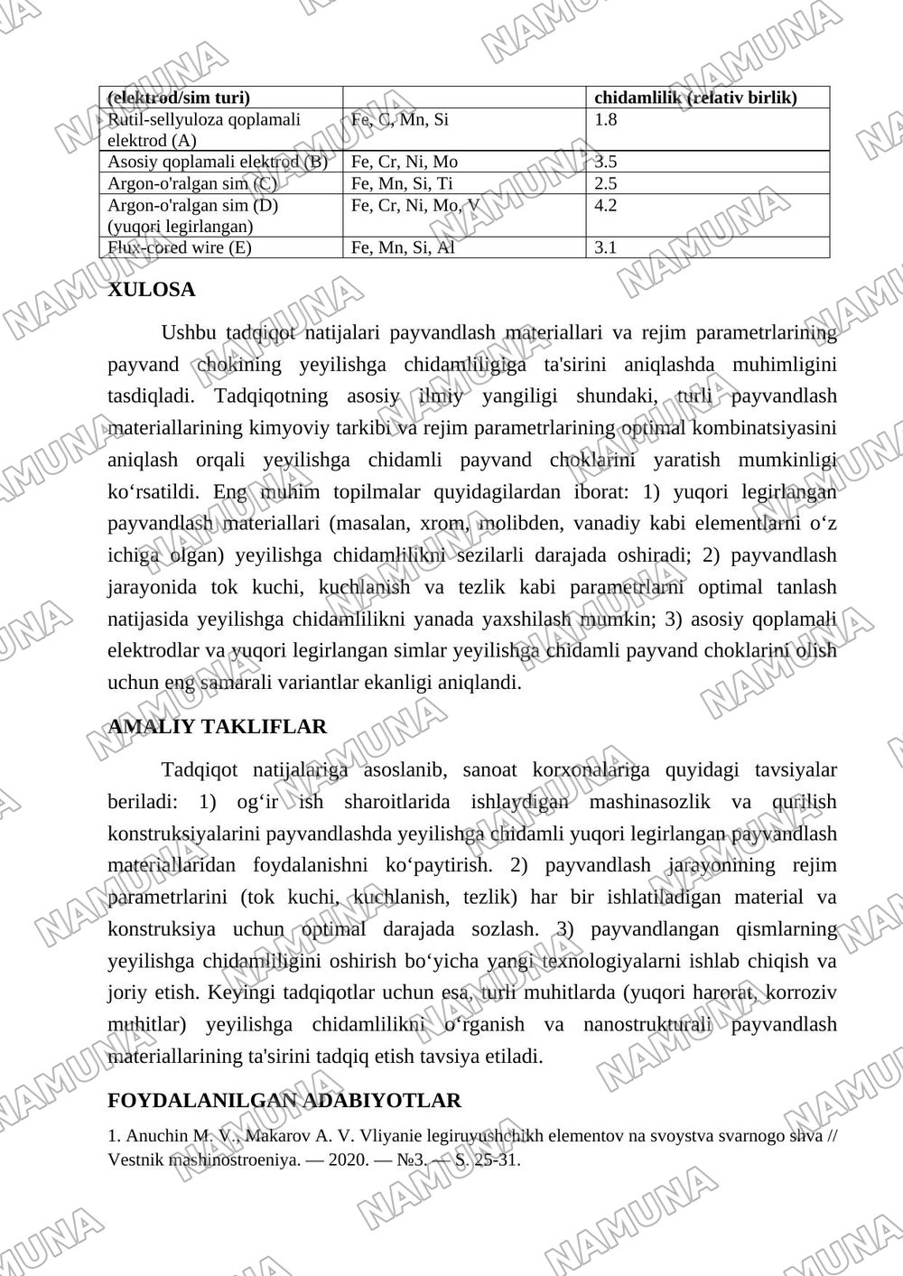 Payvandlash materiallari va rejim parametrlarining payvand chokining yeyilishga chidamliligiga ta’sirini tadqiq etish — maqola, 4-varaq
