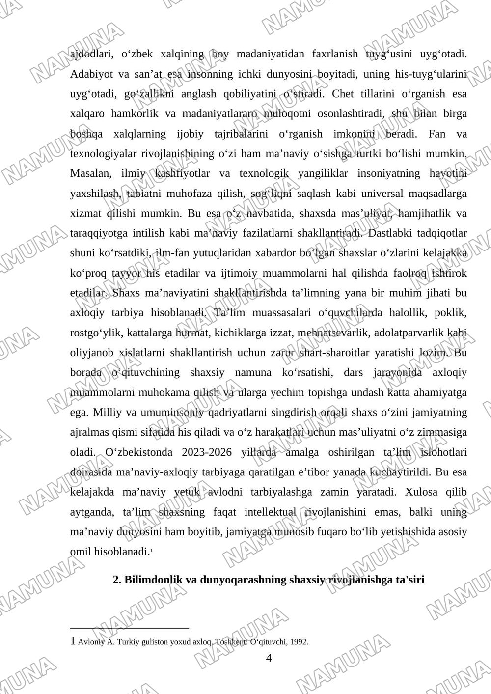 Ilim marifat fan inafatsiyaning shaxs tarbiyasiga tasiri — referat, 4-varaq