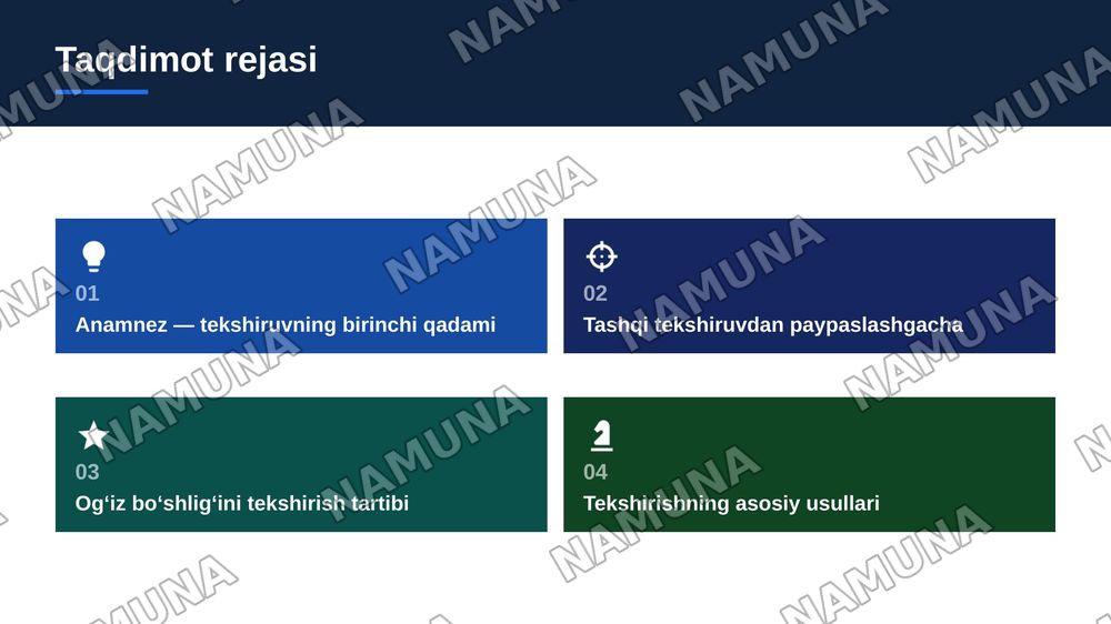 Tekshirishning asosiy usullari. Ma’lumotlarni to’plash (anamnez). Bemorni tashqi tekshiruvi. Mushaklar, limfa tugunlari va tupurik yo’llarini paypaslash. Og’iz bo’shlig’ini tekshirish. Tish va tishlar qatorini tekshirish xususiyatlari — zamonaviy taqdimot, 2-slayd