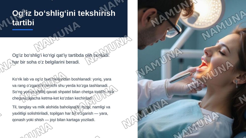 Tekshirishning asosiy usullari. Ma’lumotlarni to’plash (anamnez). Bemorni tashqi tekshiruvi. Mushaklar, limfa tugunlari va tupurik yo’llarini paypaslash. Og’iz bo’shlig’ini tekshirish. Tish va tishlar qatorini tekshirish xususiyatlari — zamonaviy taqdimot, 5-slayd