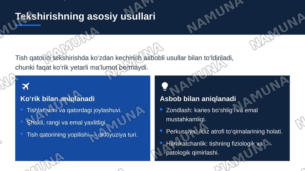 Tekshirishning asosiy usullari. Ma’lumotlarni to’plash (anamnez). Bemorni tashqi tekshiruvi. Mushaklar, limfa tugunlari va tupurik yo’llarini paypaslash. Og’iz bo’shlig’ini tekshirish. Tish va tishlar qatorini tekshirish xususiyatlari — zamonaviy taqdimot, 6-slayd