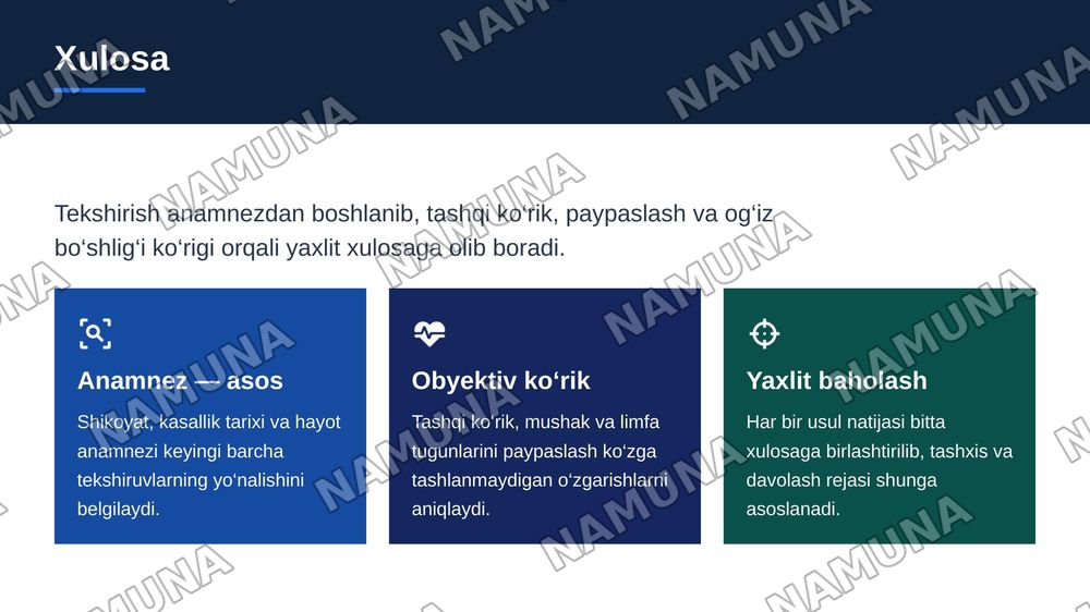 Tekshirishning asosiy usullari. Ma’lumotlarni to’plash (anamnez). Bemorni tashqi tekshiruvi. Mushaklar, limfa tugunlari va tupurik yo’llarini paypaslash. Og’iz bo’shlig’ini tekshirish. Tish va tishlar qatorini tekshirish xususiyatlari — zamonaviy taqdimot, 7-slayd