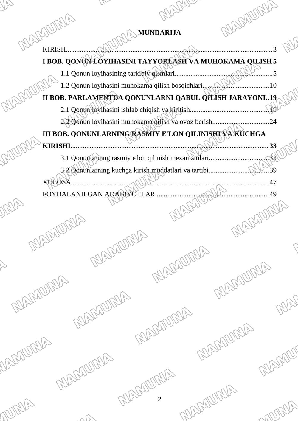 Qonunlarni qabul qilish va rasmiy elon qilish tartibi — kurs ishi, 2-varaq
